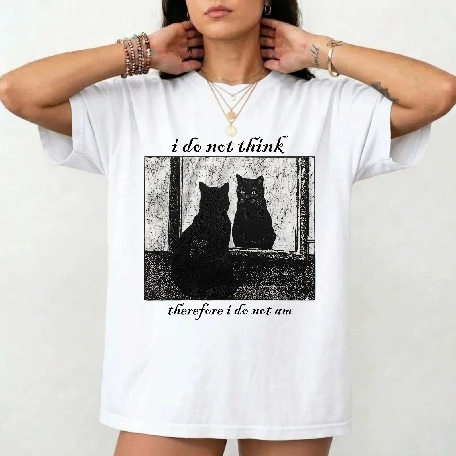 I don't think, therefore I don't exist emoji T-shirt - Funny cat satirical gift T-shirt, pure cotton couple streetwear shirt.