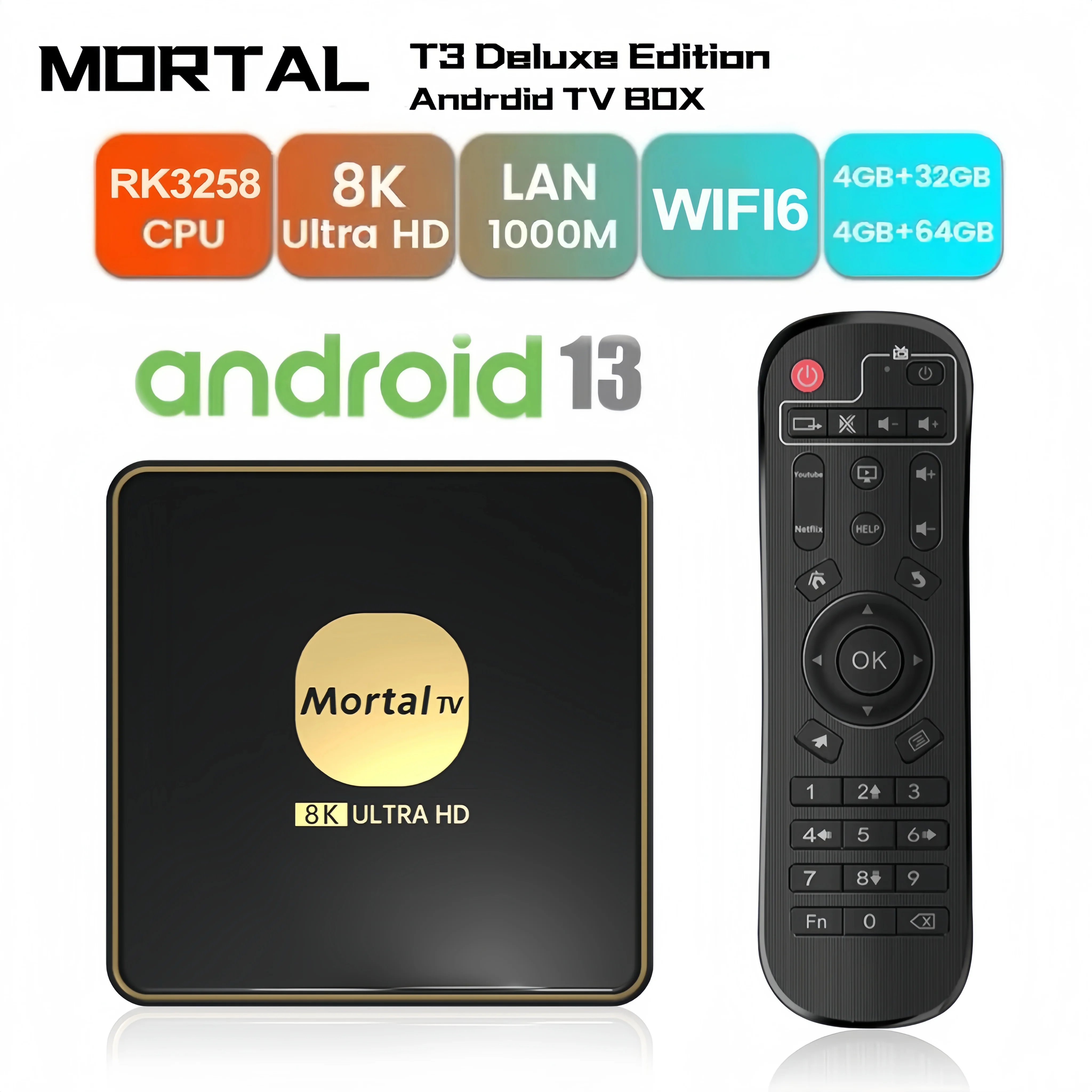 Smart TV Box Android13 Mortal T3 Rockchip3528 64G 128G  Support  WiFi6 BT5.0 8K Multi Language Google Player Youtube Set Top Box