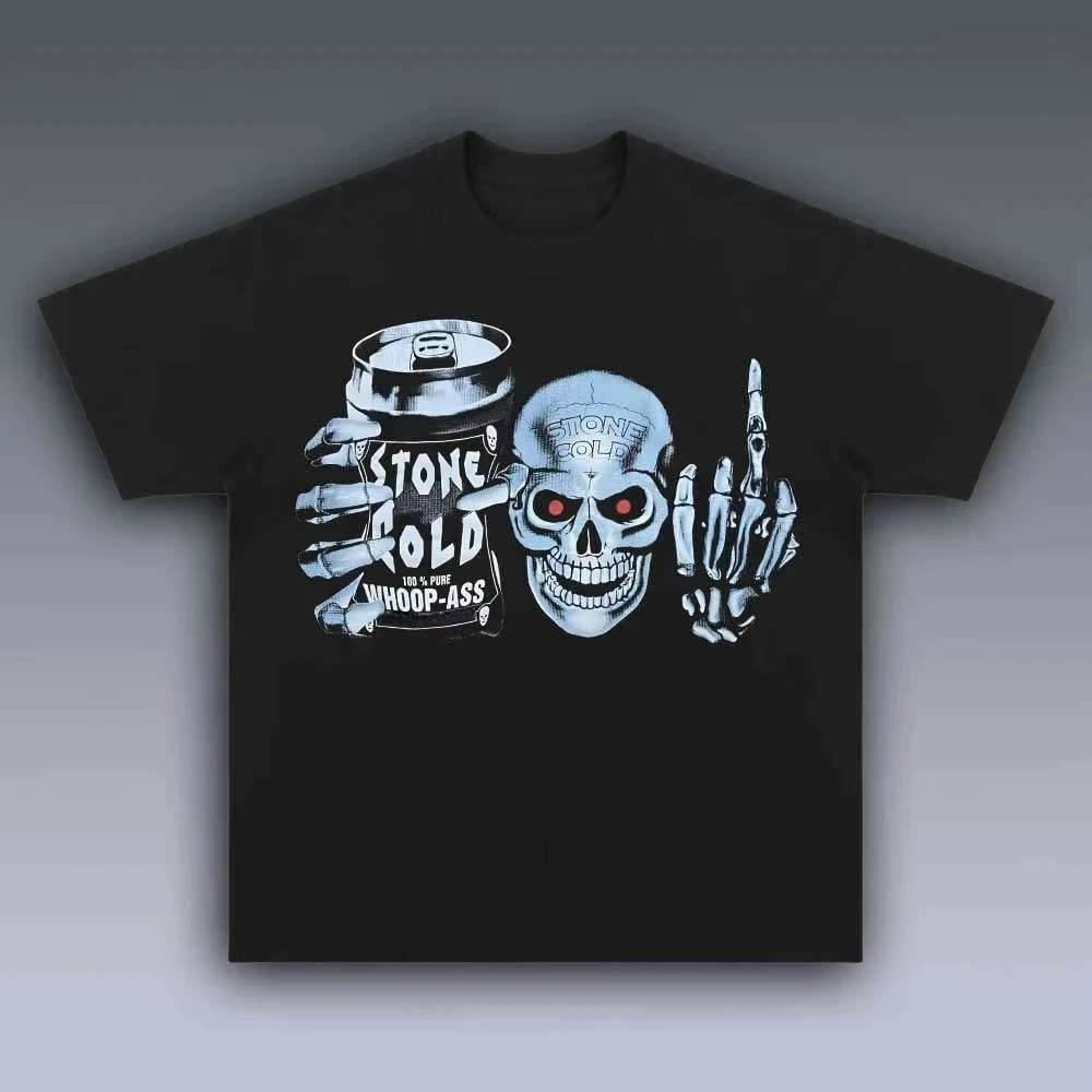 Stone Cold Retro Fire Skull T-Shirt Men Women 90s Wrestling Style Casual Cotton Streetwear Short Sleeve Tee