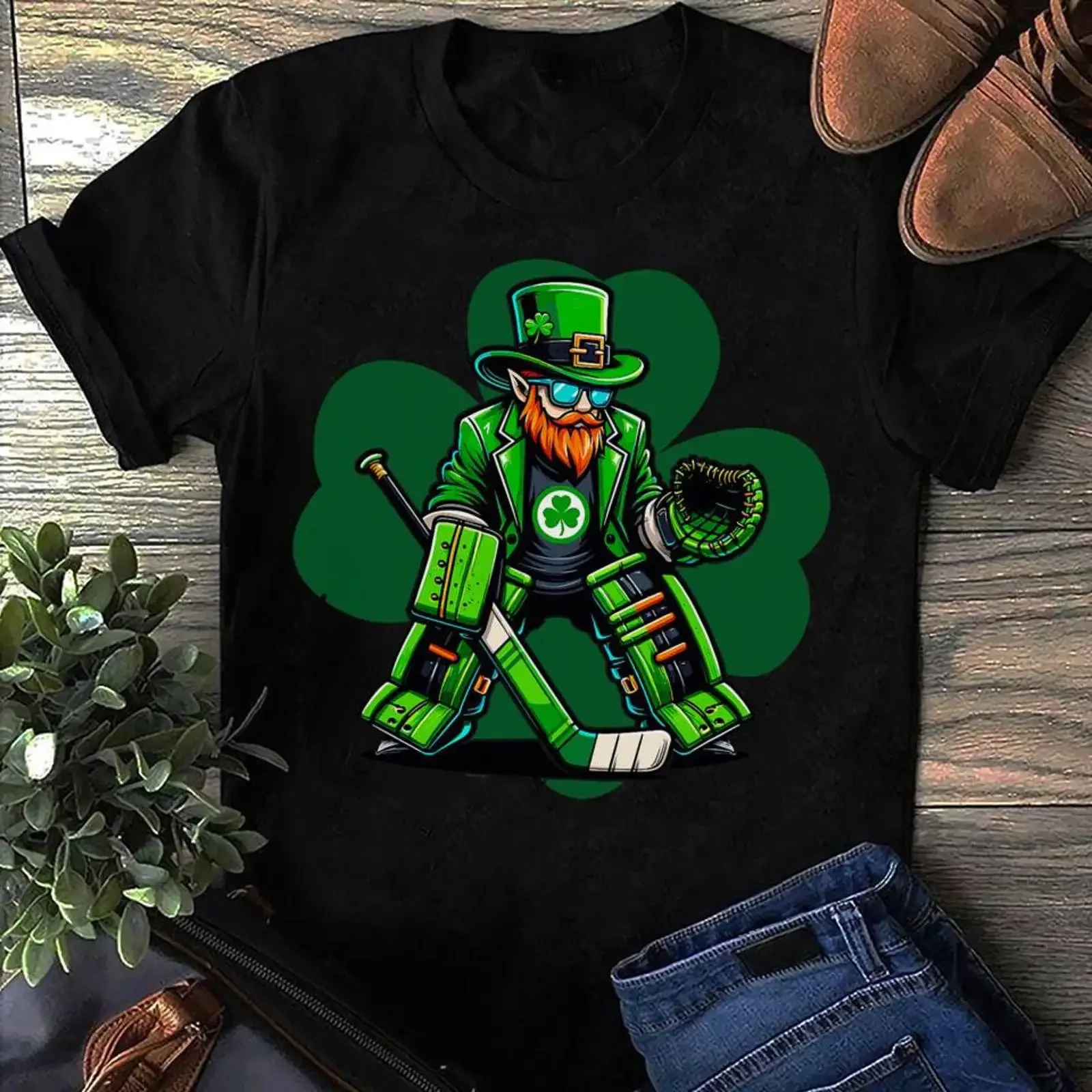 Shamrock Hockey Goalie T Shirt St Patricks Day Irish Player vintage Washed Top For Everyday Wear Casual streetwear Versatile