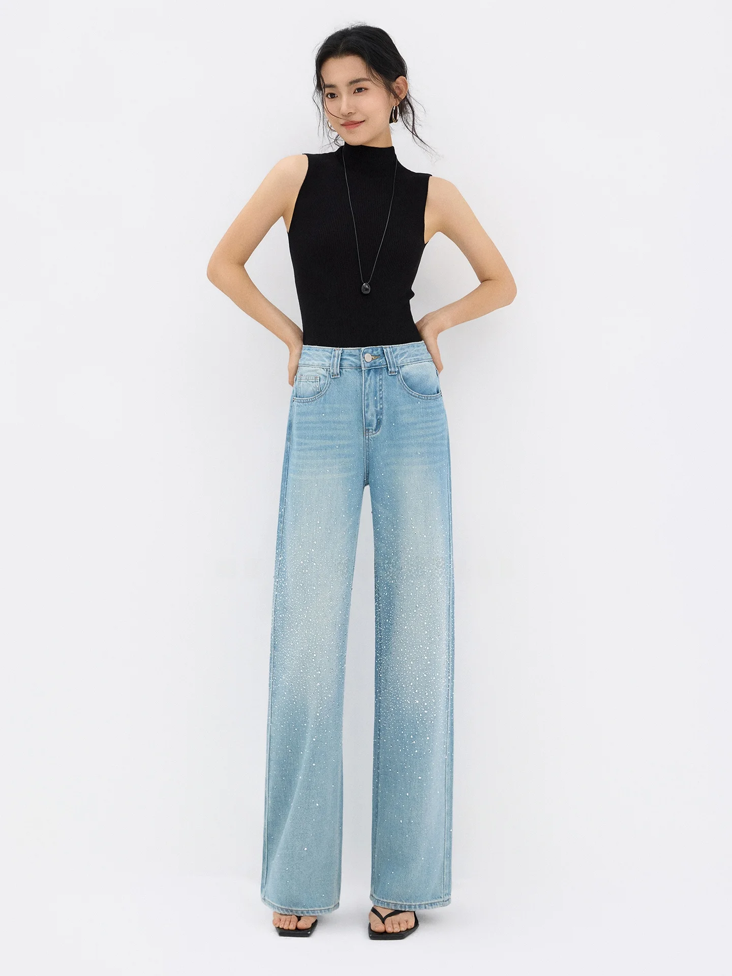 

High Waist Wide Leg Straight Cut Jeans Women's Spring 2026 New Style Loose Fit Ladies Denim Pants with Rhinestones