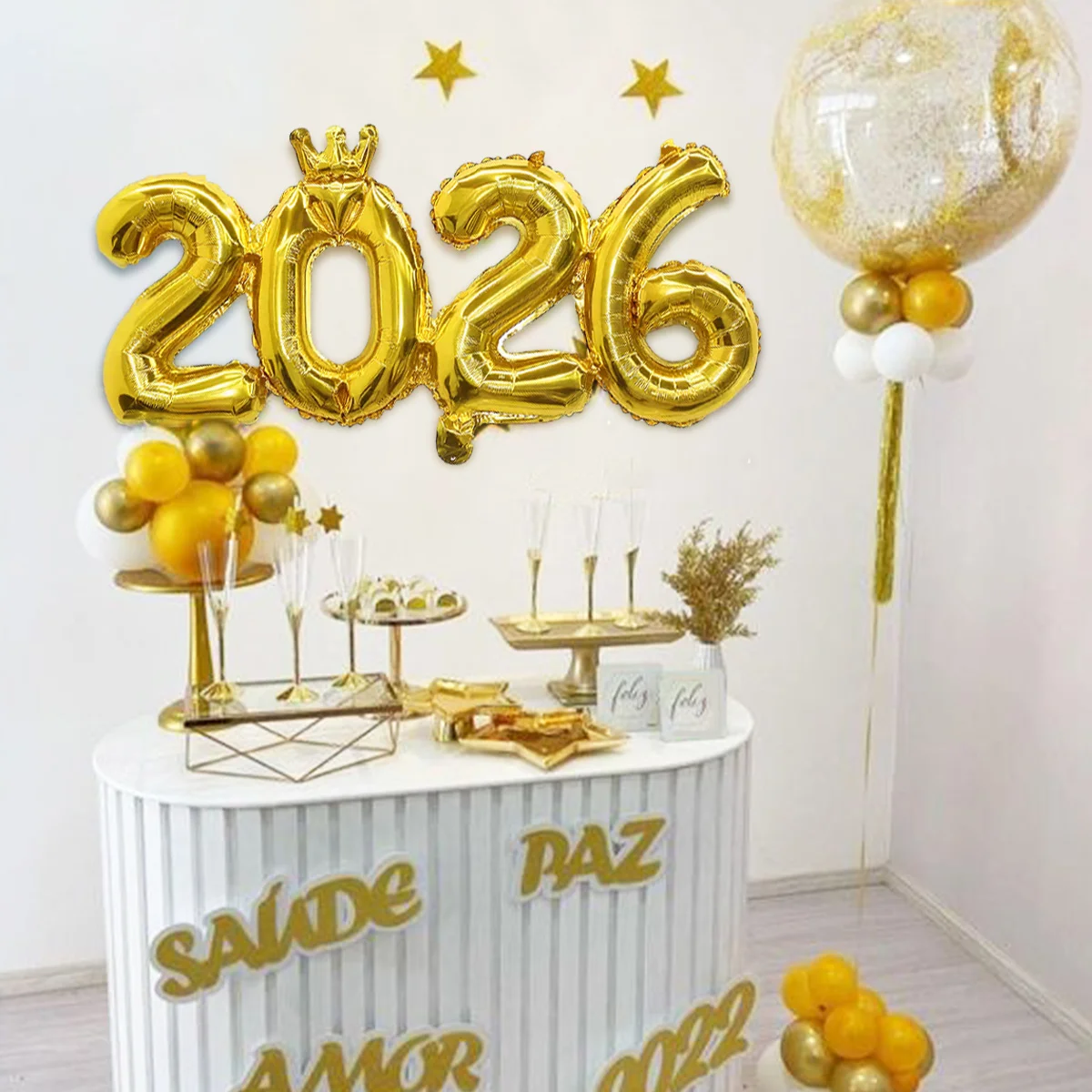 مجموعة واحدة من بالونات الذهبي المتصلة بأرقام 2026، مناسبة لترتيب ديكورات مشهد العام الجديد، زينة السنة الجديدة 2026 #4