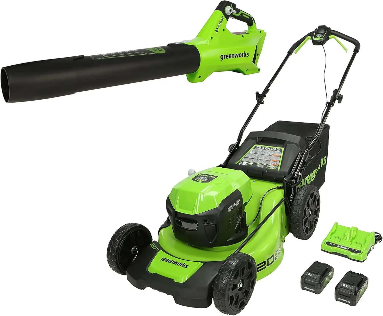 

Greenworks 48V 20" Brushless Cordless Electric Lawn Mower, Leaf Blower, (2) 4.0Ah Batteries and Rapid Charger