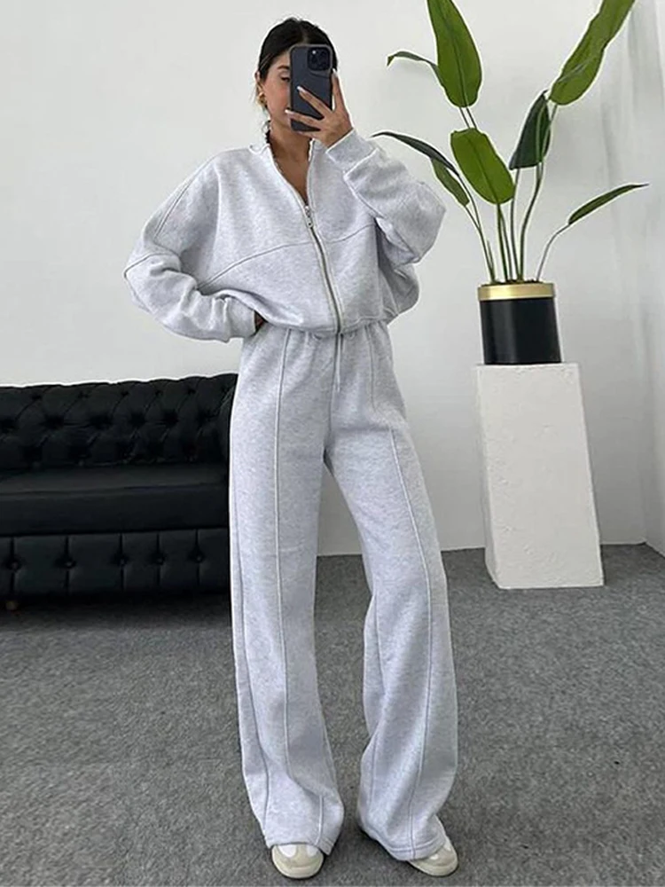 

Однотонный брючный костюм с круглым вырезом на молнии, женский модный свободный комплект с длинными прямыми брюками с длинными рукавами, осень 2021, уличная верхняя одежда