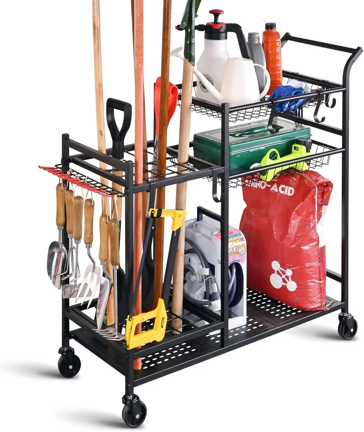 

Garden Tool Organizer with Wheels, Storage Rack for Shovels, Rakes, Fertilizer in Garage or Shed