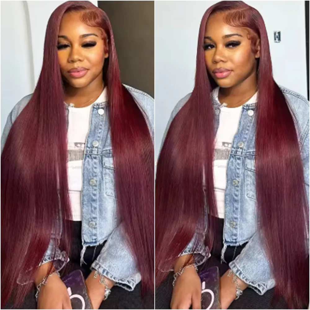 

Бургундский прямой парик из натуральных волос 99J, 13x4 HD с кружевной передней частью, красный, 13x6 с кружевной передней частью, бразильские парики с предварительно выщипанными линиями роста волос