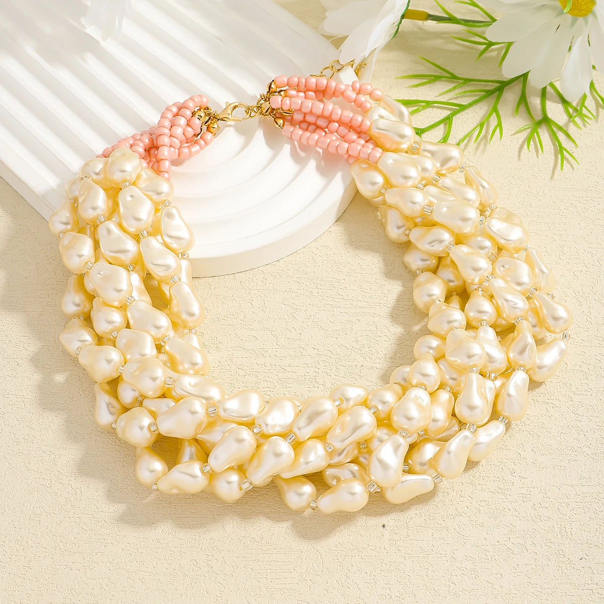 Exaggerated Elegent Multilayer Faux Pearl Crystal Necklace Women\'s Long Pearl Handmade Accessory