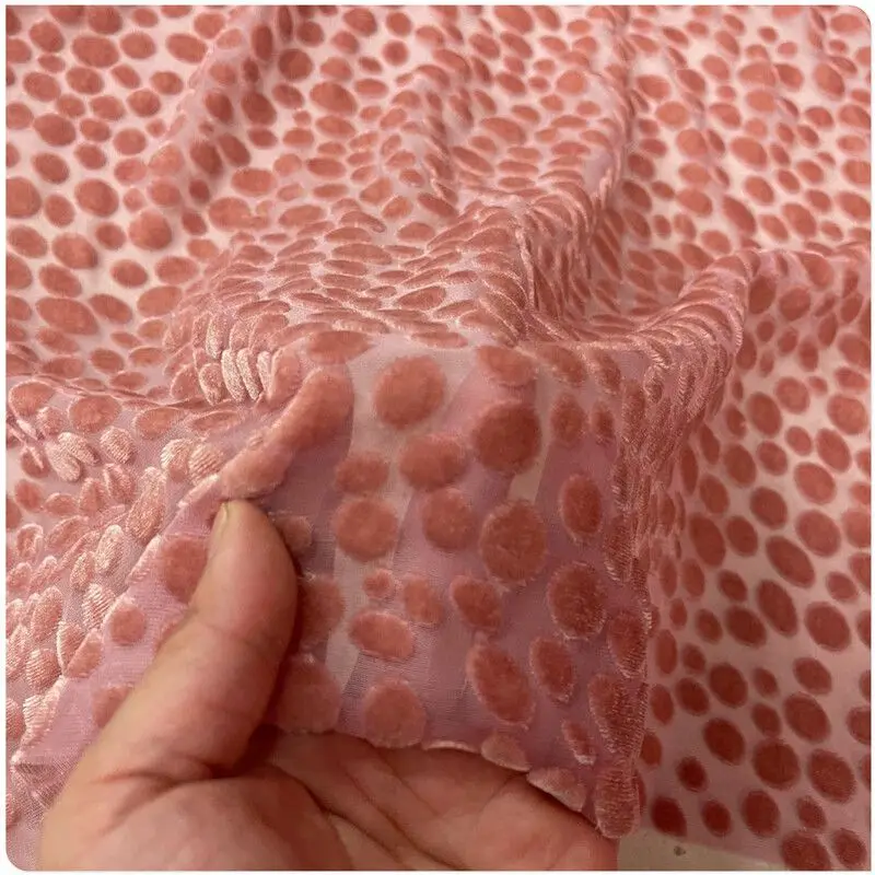 

Hollow Pink Dots Real Velvet Silk Bottom Cotton Fabric Dress Cheongsam Shirt Short Sleeve Shawl Clothing