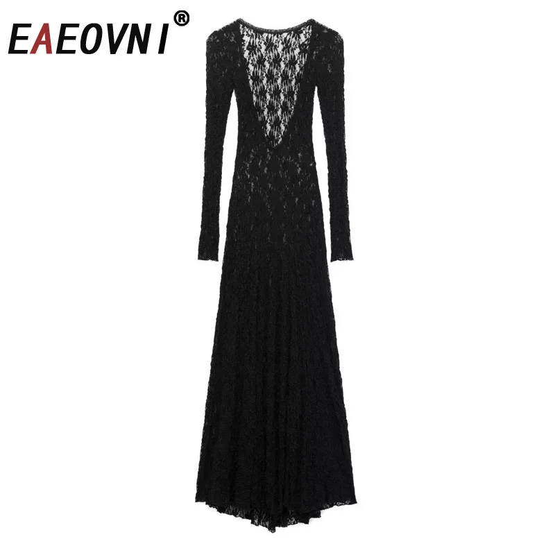 

EAEOVNI Fashion Backless Long Dress Women Hollow Out Design Gathered Waist Solid Color Party Dresses 2025 New Clothing 1A691