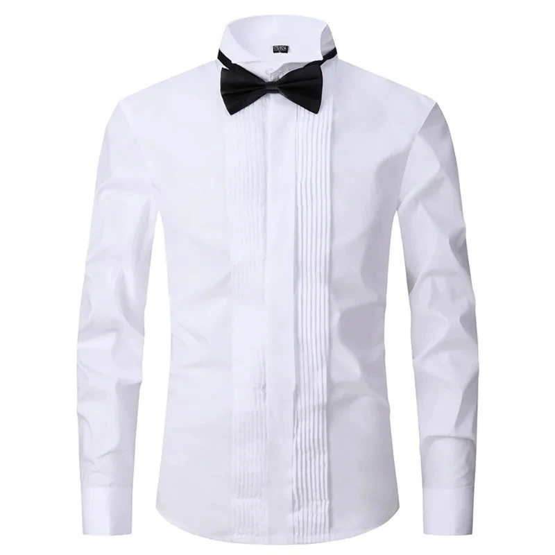 Classic Winged Collar White Dress Shirt For Mens Wingtip Tuxedo Formal Shirts Black Bow Tie Party Dinner Wedding Bridegroom Tops