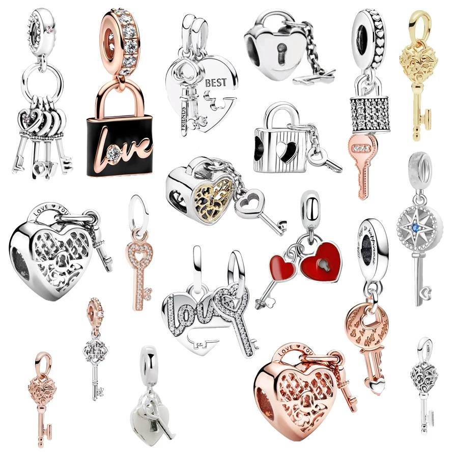 Goed Verkoop Sleutels van Liefde Lock Dangle Charms Kralen Fit Originele 925 Sterling Zilveren Armband DIY Mode Vrouwen Sieraden Gift