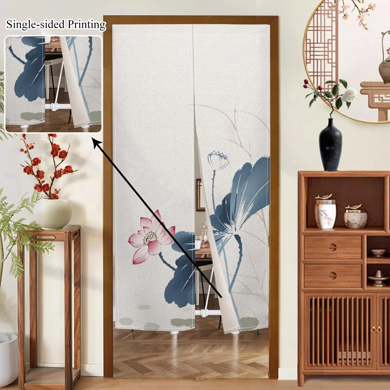 Doorway Curtain Traditional Door Tapestry Feng Shui Window Treatment Chinese Lotus Printed Door Curtains for Hanging Japanese