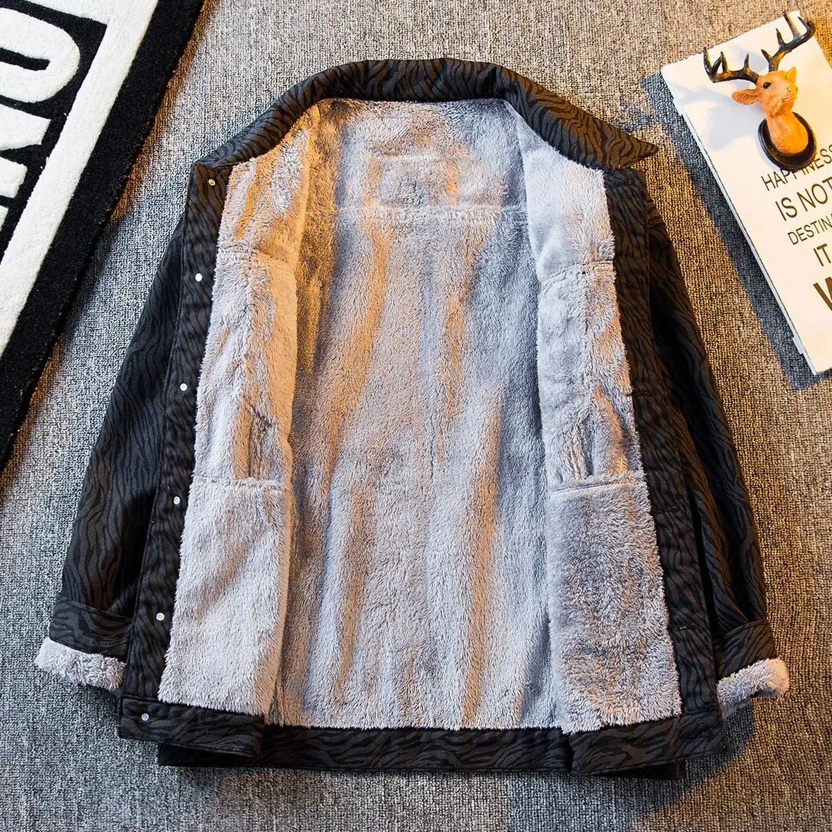 

Thiened Zebra Print Men's Denim Jaet Autumn Winter Warmth Faionable Youth Long Sve Coat with Side ket Loose Fit