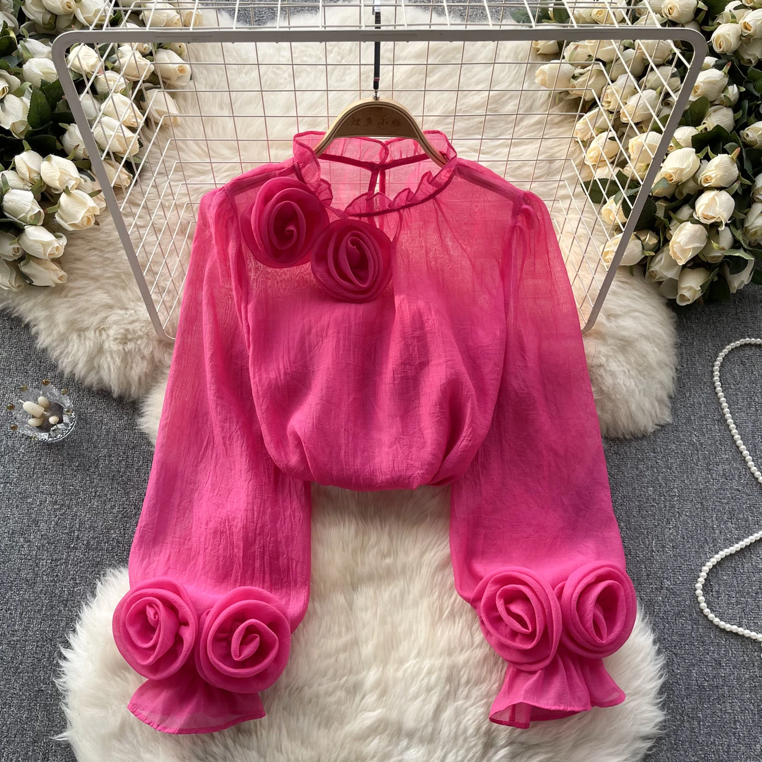 Spring Chiffon Sheer Blouse for Women 3D Floral Stand Collar Lantern Sleeve Blusas Femininas French Chic Almighty Tops Dropship