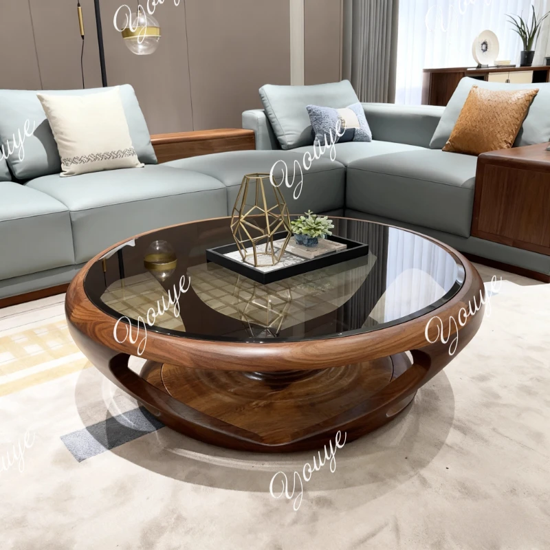 

minimalist all-solid wood coffee table new Chinese side table combination round glass light luxury living room small apartment