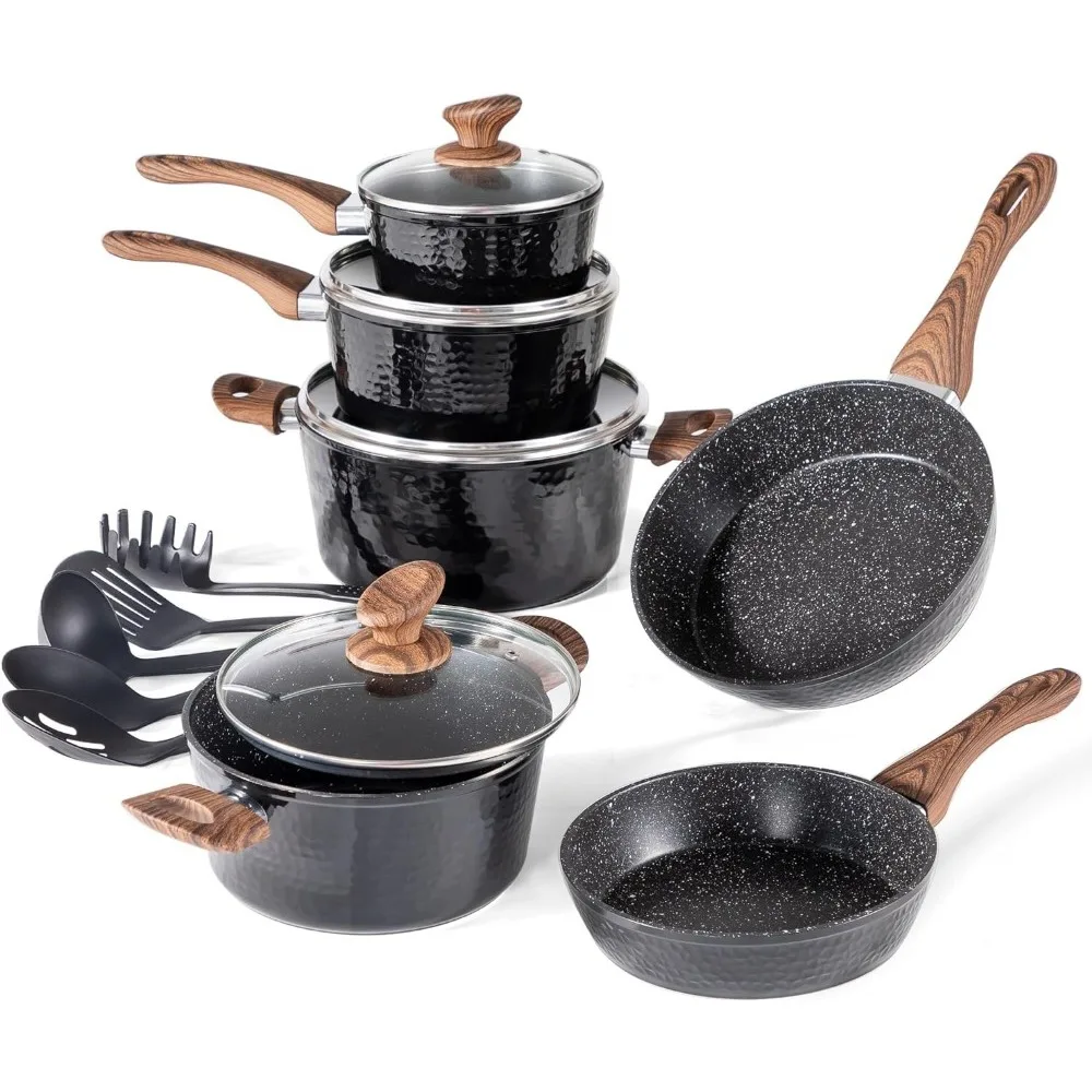 

Clearance on Pots and Pans Set Non Stick, 15 Pcs Non Toxic Hammered Cookware Set, Black Granite Induction Kitchen Cooking Sets