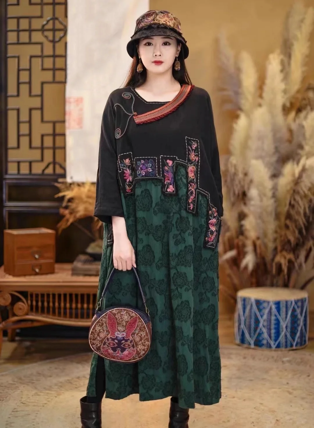 TOP Chinese style Female dress Cotton linen Jacquard patchwork vintage dresses Raglan Sleeve embroidery Long dresses