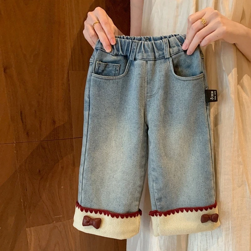Girls' Velvet Thickened Jeans New Korean Children's Baby Girls' Fashionable Versatile Children's Pants Spring Autumn and Winter