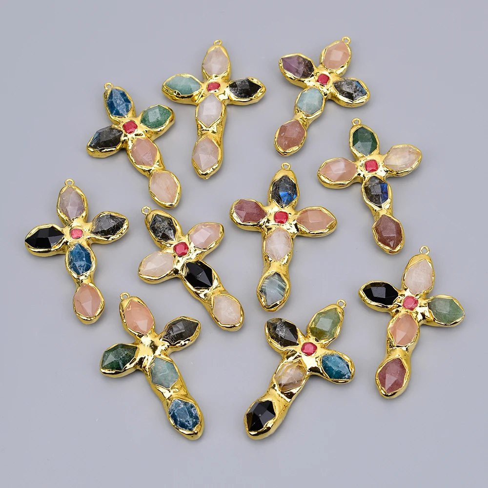APDGG 5 Pcs 44x66mm Large Size Natural Mix Stone Amazonite Labradorite Gold Edged Cross Pendant Beads For Jewelry Making DIY