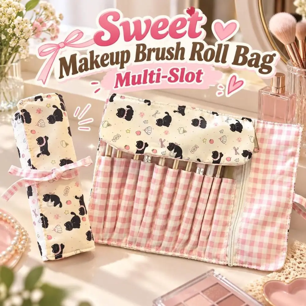 Multi-Slot Makeup Brush Roll Bag Grid Pattern Roll-Up Cosmetic Brush Pouch Lightweight Ribbon-Tie Brush Storage Wrap