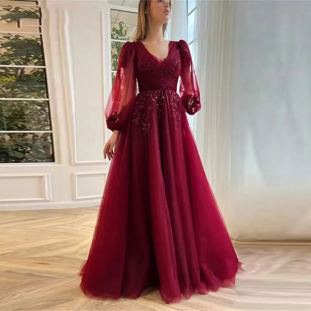 

Burgundy Women Evening Dress Long Puffy Sleeves Lace Appliques Tulle Pleat Ruched A-line Prom Party Gowns Robe De Soirée 2024