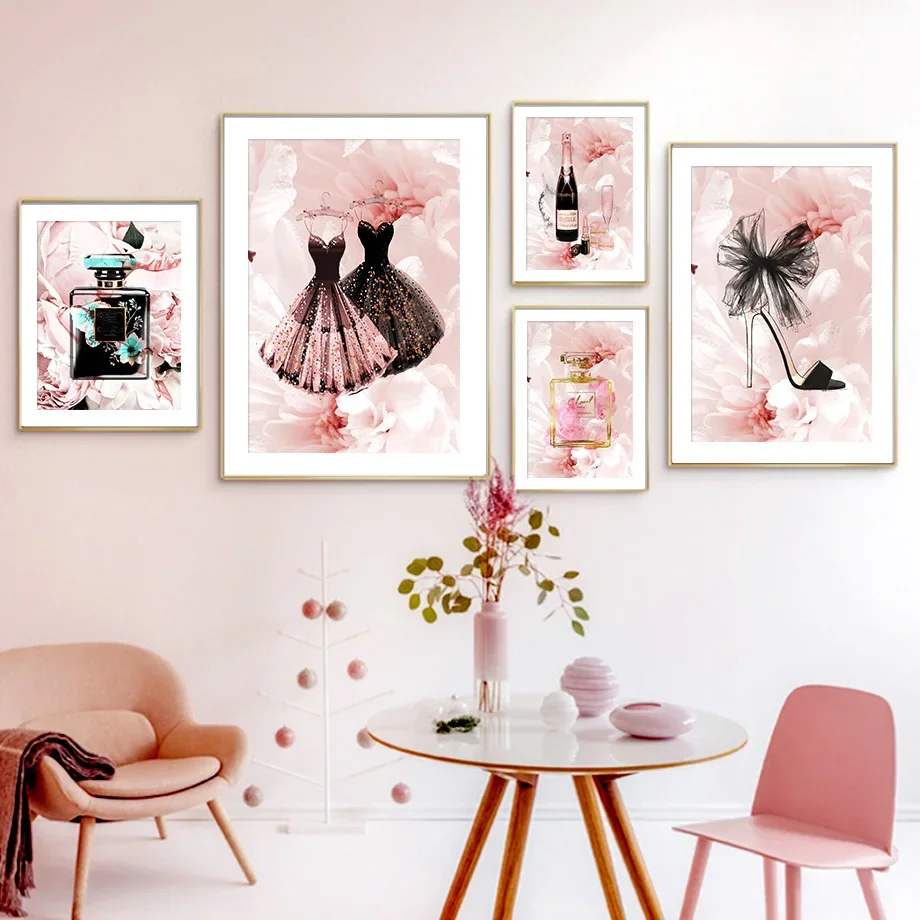 Peony Flower Paris Perfume High Heels Skirt Art Canvas Painting Nordic Posters And Prints Wall Pictures For Living Room Decor