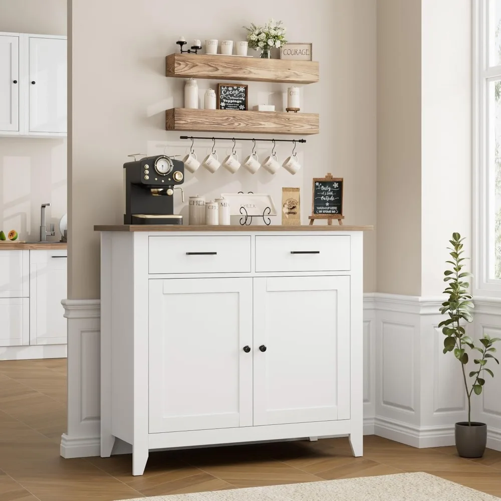 Farmhouse Kitchen Storage Cabinet, Small Buffet with Doors, Coffee Bar, White