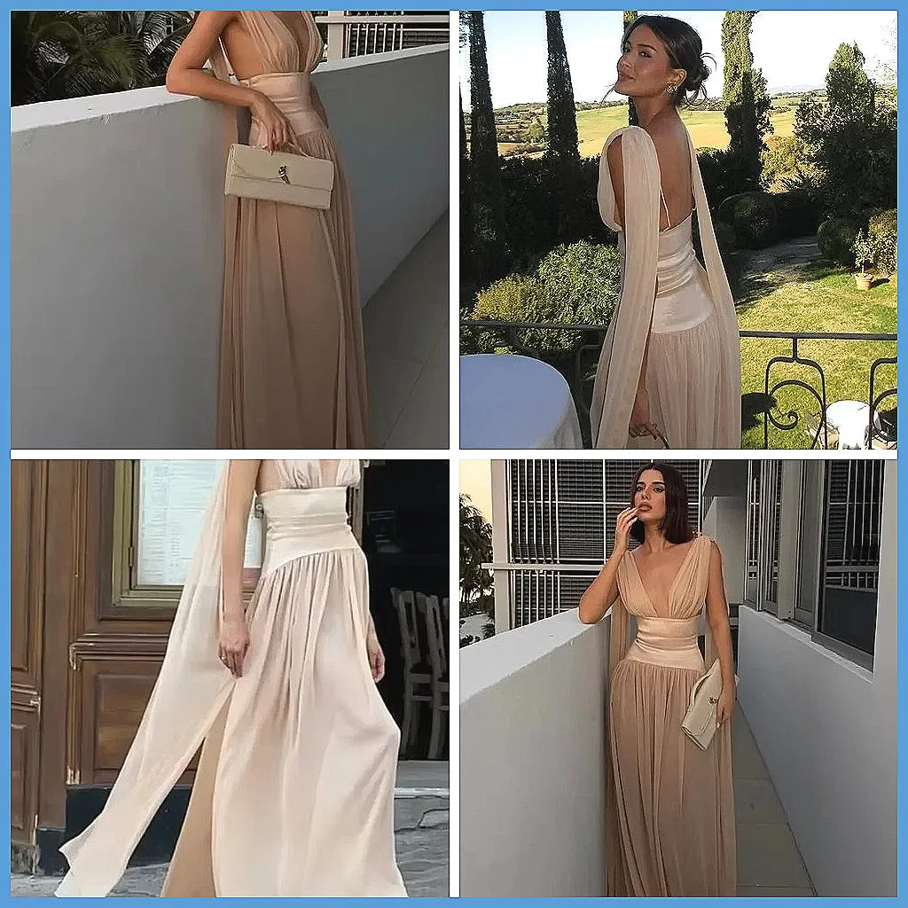 

Chic Deep V-Neck Backless Dress for Women, Sleeveless Pleated Waist Evening Party Dress 2026 (Characters: 78)