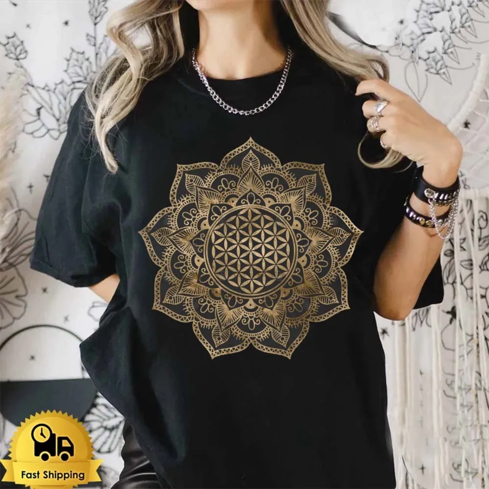 

Printed 90s Golden Flower of Life in Lotus T-Shirt Trendy O-Neck Short Sleeve Summer Women's Fashion Versatile Printed T-Shirt