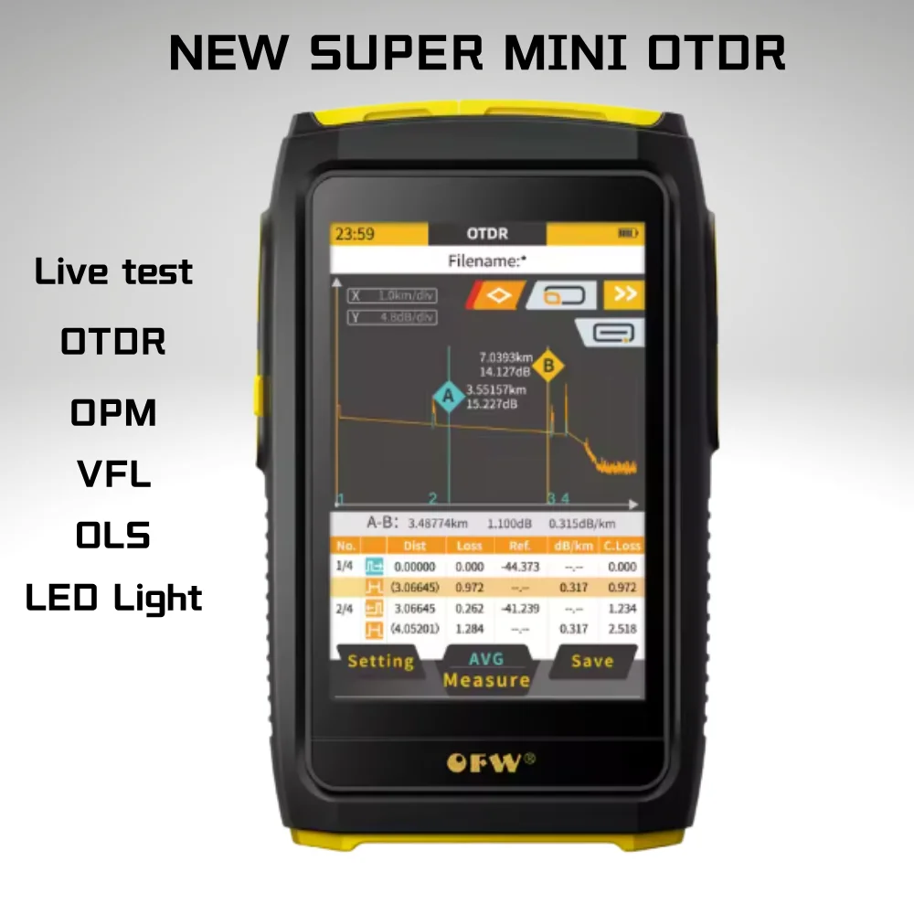 

Mini OTDR Active Fiber Live Test 1550nm 1577nm 20dB OFW Optical Reflectometer Touch Screen OPM OLS VFL Tester Sc Connector