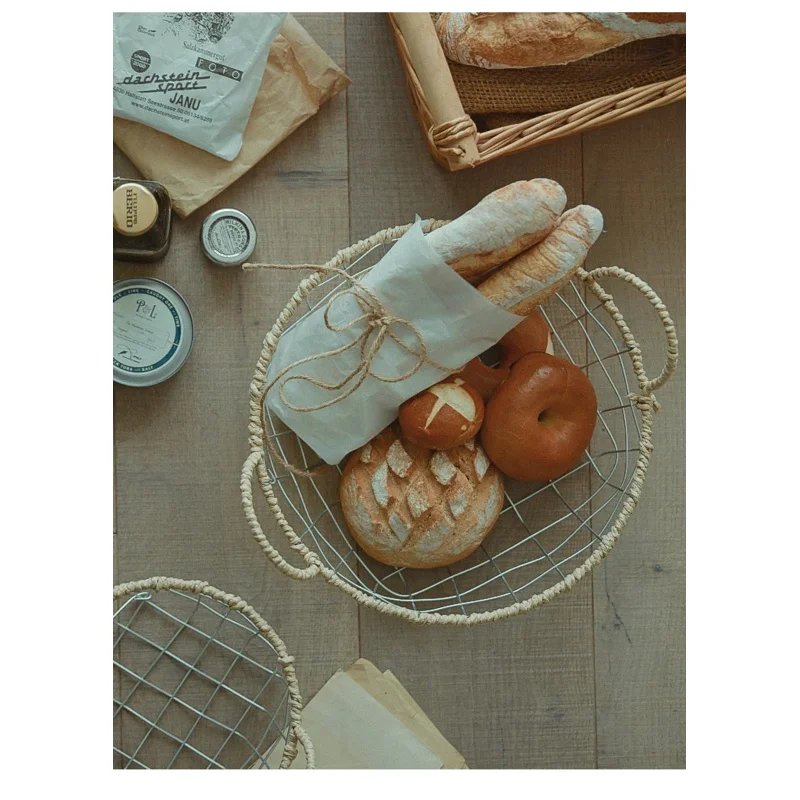 

Pastoral retro style wrought iron wire woven basket dktop snack bakery display fruit and vegetle storage