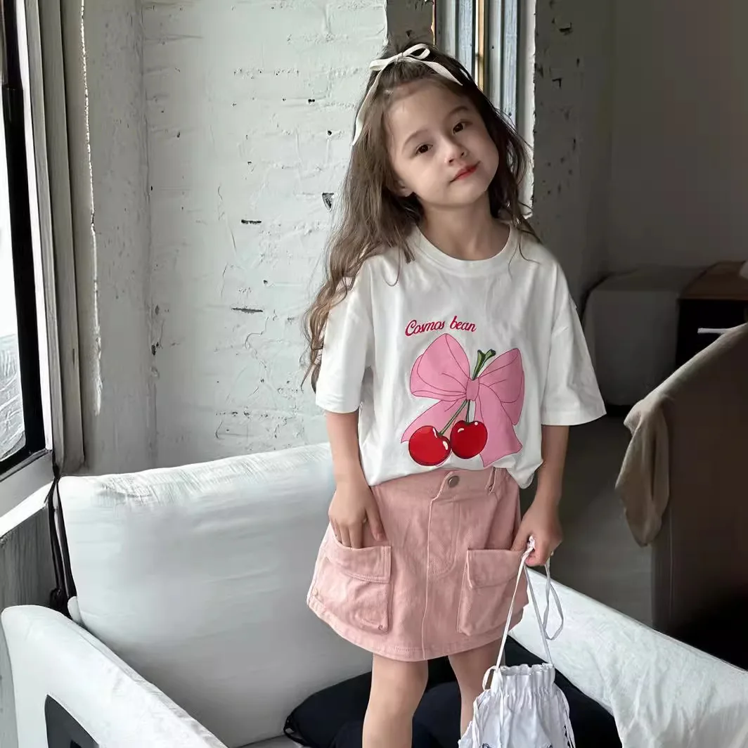 Girls Casual Short Sleeve T-shirts Kids Clothes 2024 Summer New Bow Cherry Letter Print T-shirts Cotton O-neck Classic Versatile