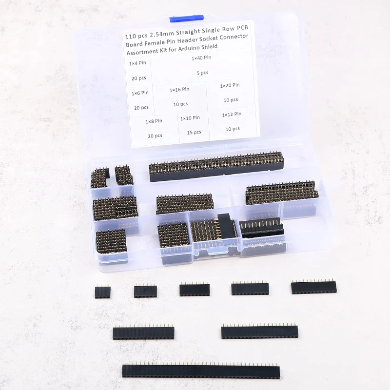 110Pcs 2.54mm Straight Single Row PCB Board Female Pin Header Socket Connector Assortment Kit 4/6/8/10/12/16/20/40 Header Pins