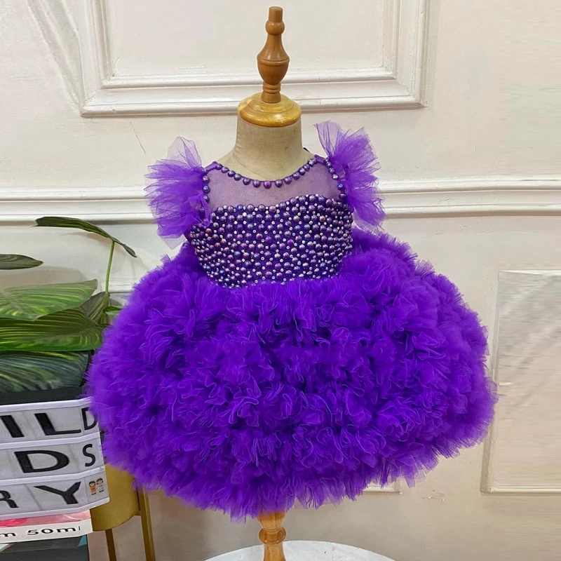 

Luxury Pearls Beaded Purple Tulle Kids Communion Dress Pretty Ruffles Tiered Mesh Puffy Flowers Girl Dresses Short Kids Gowns