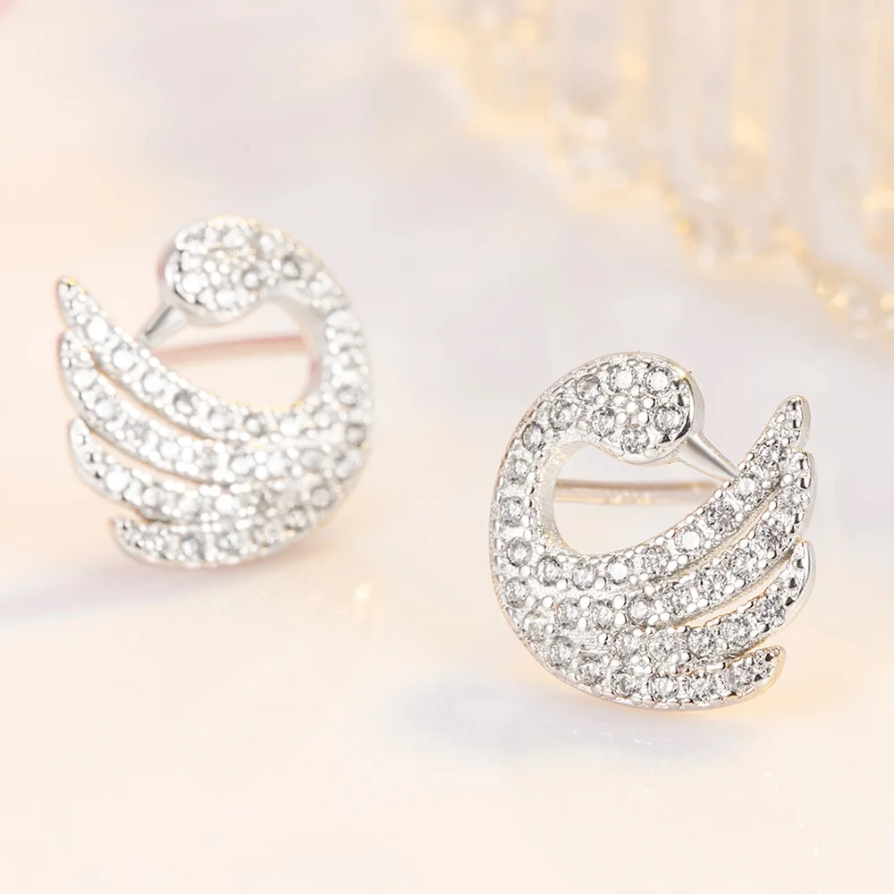 925 Sterling Silver Delicate Cygnet Crystal Swan Stud Earrings For Women Korean Wedding Party Jewelry Gift Female Pendientes