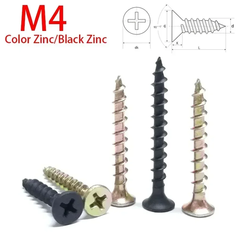 10/30pcs M4 Cross Countersunk Head Fast Self Tapping Wood Screw Black/Color Zinc Flat Head Phillips Tip Drywall Screw Fiber Nail