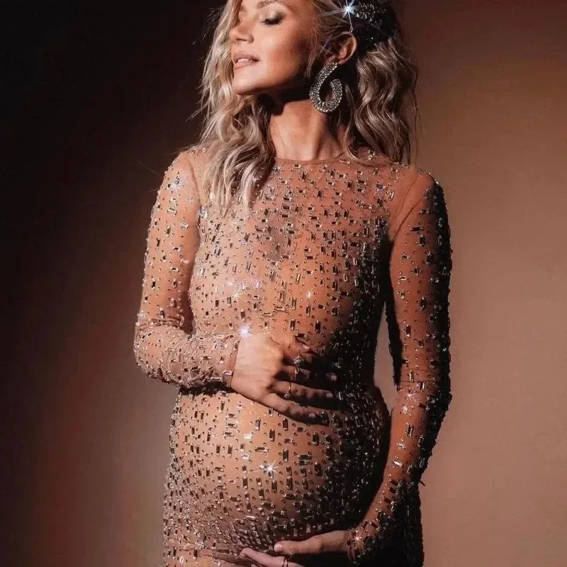 Nowe przezroczyste suknie ciążowe musujące Rhinestone elastyczna siateczka moda seksowna sukienka kobiety w ciąży na sesję zdjęciową