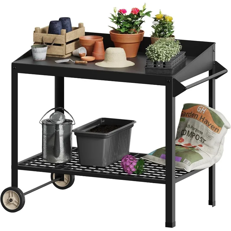 Metal Potting Bench with Wheels Planting Table for Outdoor Gardening Work Benches for Outside Potters Station Weatherproof