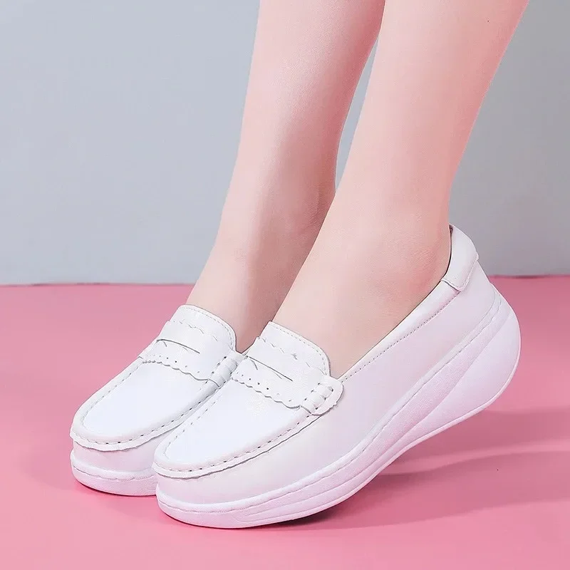 MVVJKEWhite Genuine Leather Platform Loafers Women Nurse Shoes Round Toe Slip-on Thick Flats Breathable Soft Cowhide Chunky Flat