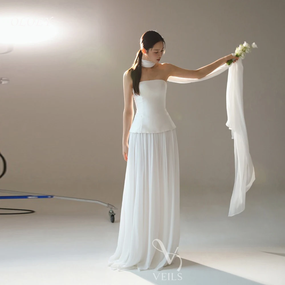 

OLOEY Strapless Korea A-Line Wedding Dresses 웨딩드레스 Chiffon Ivory Simple Sleeveless Customized Pretty Bride Gowns Plus Size