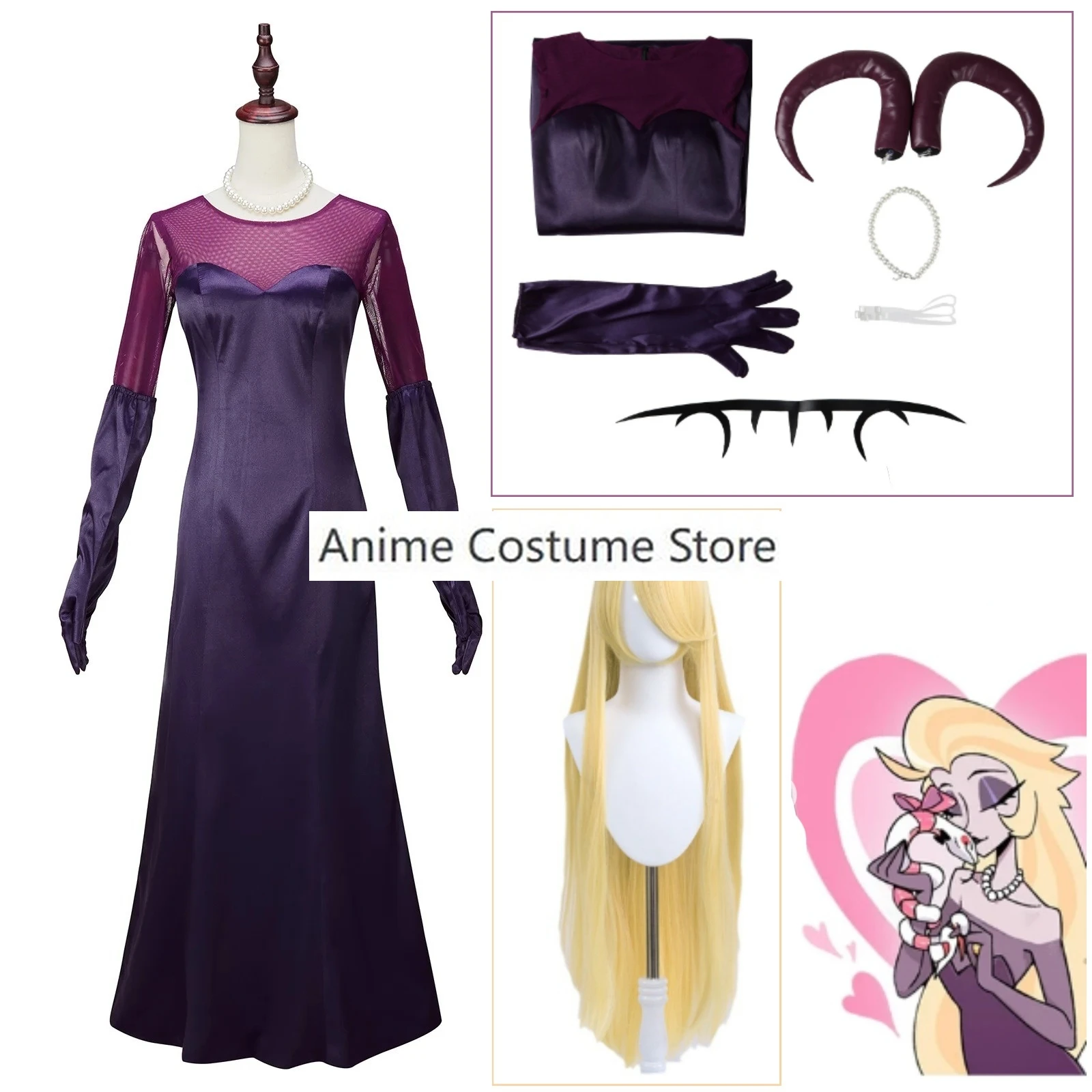 Lilith Cosplay Women Dress Anime Hazbin Cartoon Disguise Necklace Gloves Crown Hotel Costume Outfits Halloween Carnival Outfits