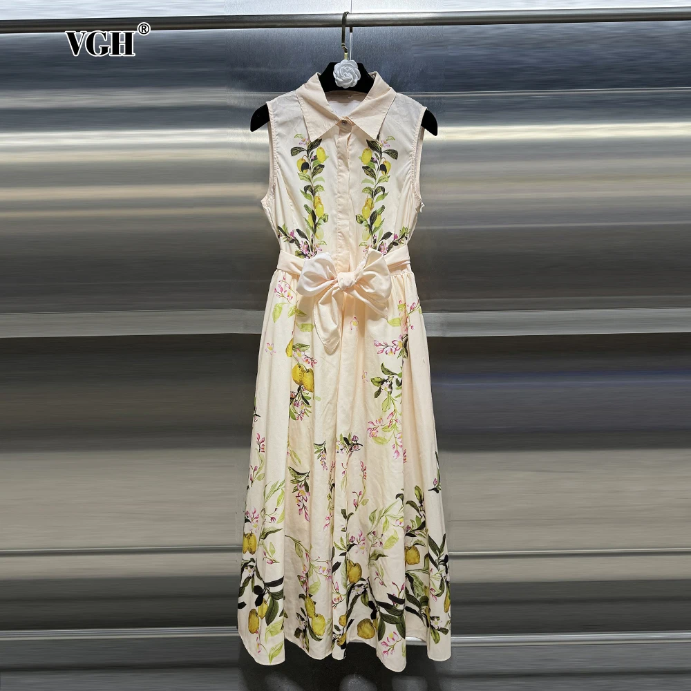 VGH Elegant Printing Spliced Lace Up Long Dresses For Women Lapel Sleeveless High Waist Temperament Slimming Dress Female New