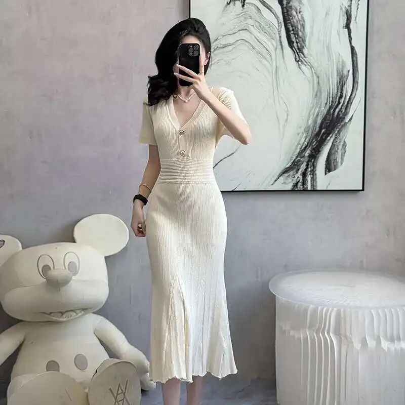 2025 nowa dzianinowa letnia sukienka na imprezę kobieta moda na co dzień z krótkim rękawem Bodycon syrenka długie sukienki Vestidos Largos szaty