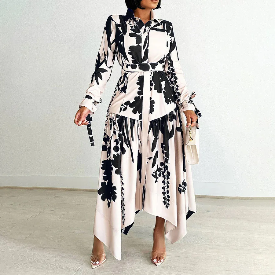 Autumn Fashion Print Irregular A-line Dress Women Elegant OL Lapel Button Long Sleeve Belt A-line Dress Women