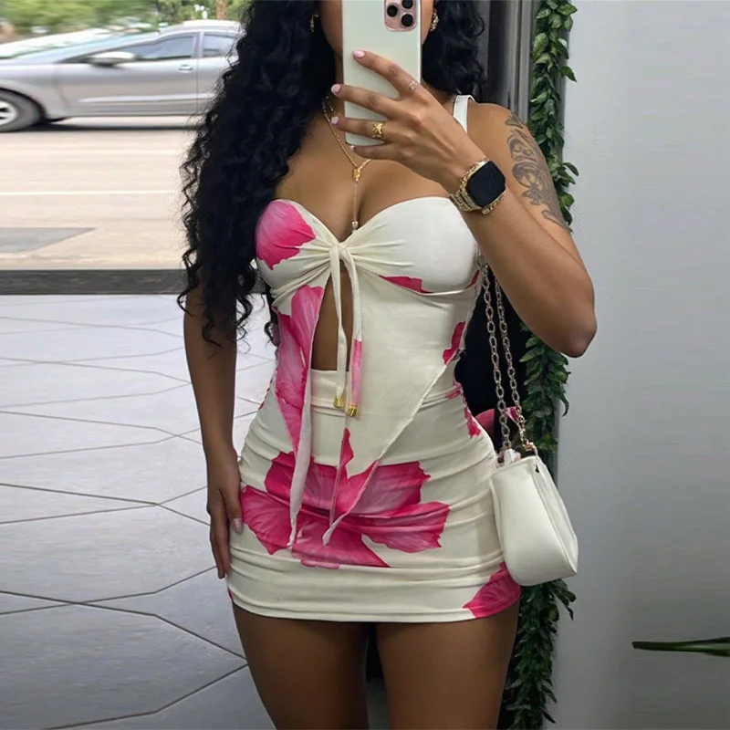 

Sexy Printed Top Skirt Sets Chic Strapless Strapless Crop Top Backless Sleeveless Tank Hip Package Mini Skirts 2025 Summer Sets