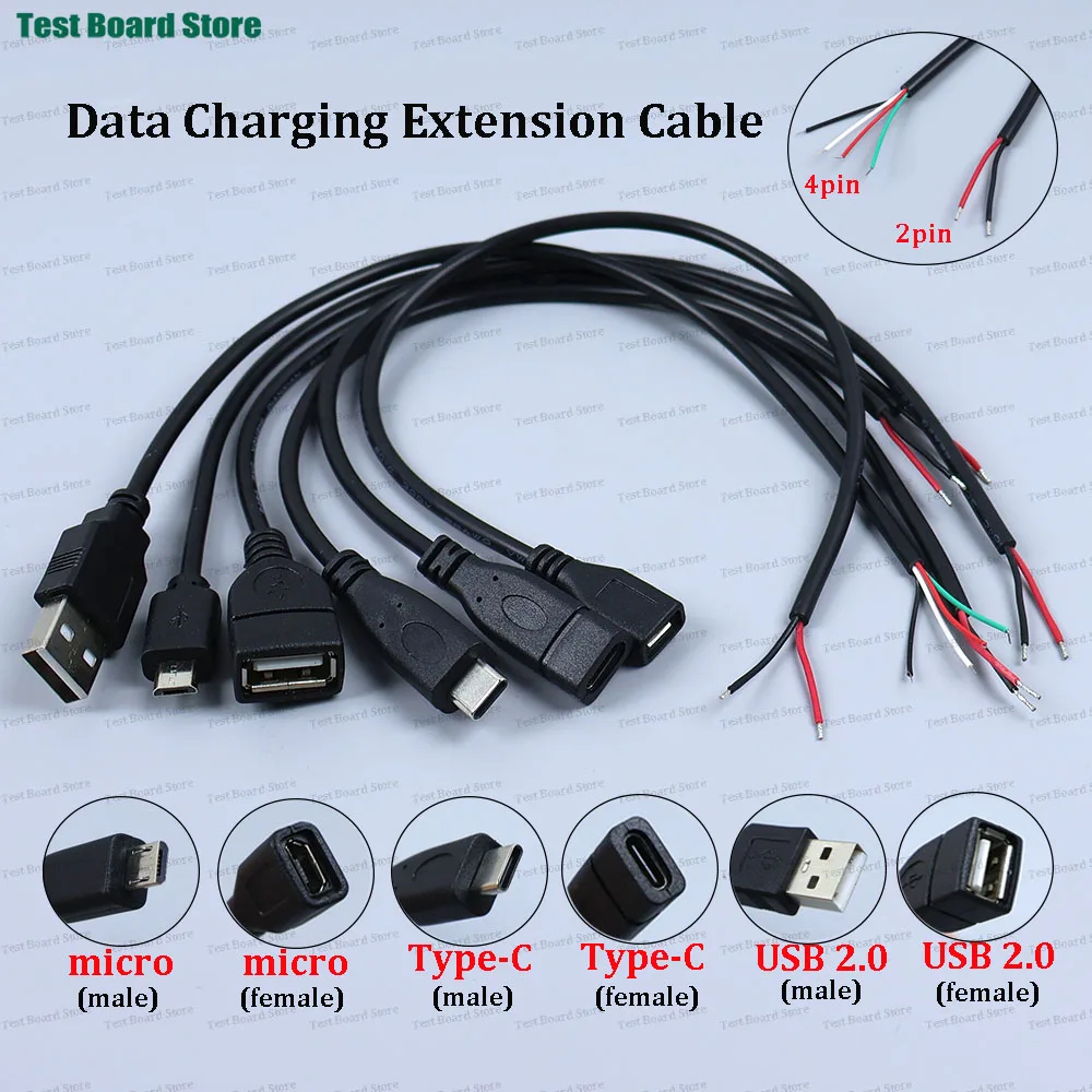 1/3/5Pcs 2Pin 4Pin Micro/USB 2.0/Type-C Male Female to Open Wire 2 Core 4 Core DIY Power Data Charging Wire Connector Cable