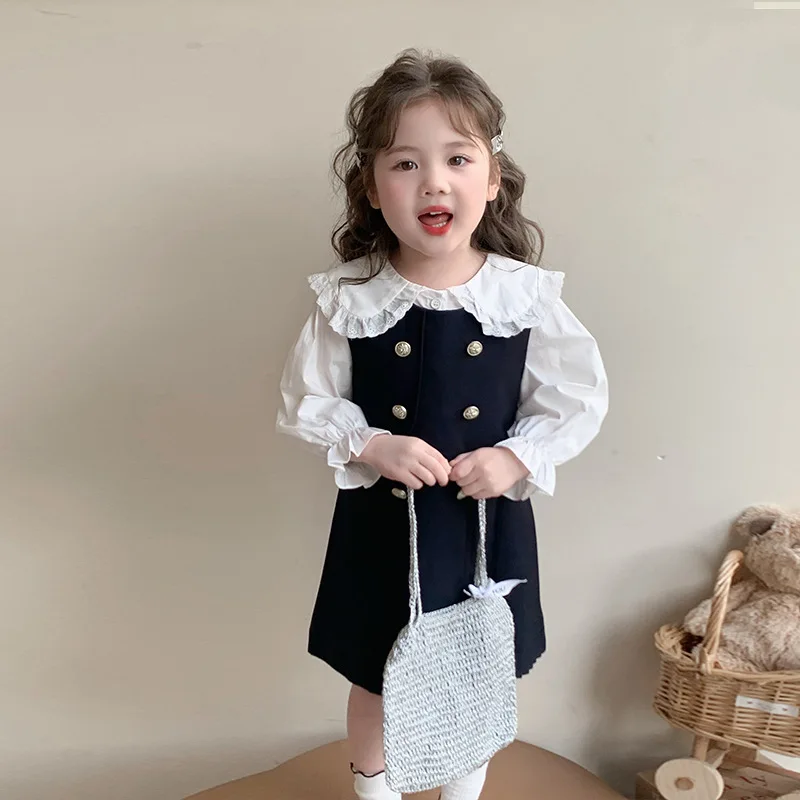 

Girls' Spring Outfit New Baby College Style Dress Children's Stylish Shirt Vest Dress Two-Piece Set