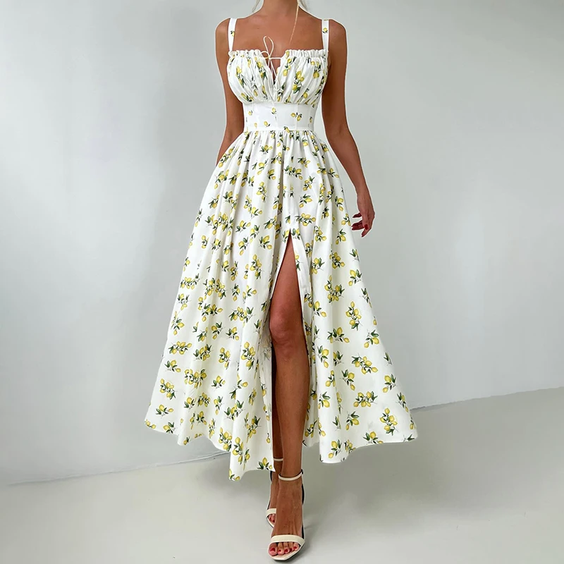 

Tornova Printed Suspender Dress For Women Cotton Sexy Slit High Waist Long Dress Elegant Lace Up Summer Female Vacation Dress