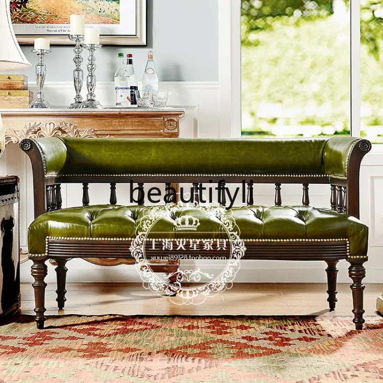 

A38 American rural solid wood leather sofa chair double European neoclassical living room sofa modern and simple
