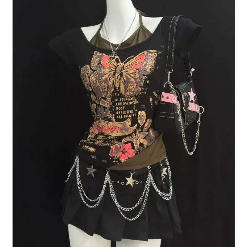 Gagarich Vintage Printed Hanging Neck Strap Two Piece Color Contrasting Short Sleeve Women Retro Spicy Girl Top
